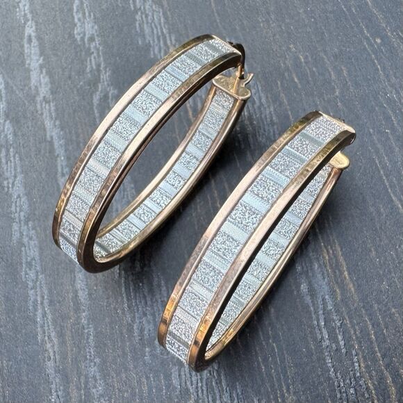 Vtg MILOR 925 Sterling Silver Gold Tone Hoop Earrings 1.5” Italy Sparkly Oval - Picture 1 of 10